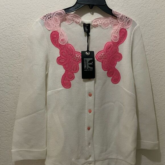 NEW ITALY TRICOT CHIC NEW  EMBROIDERED FRONT WHITE PINK SWEATER 10   COTTON 100% - Picture 6 of 10